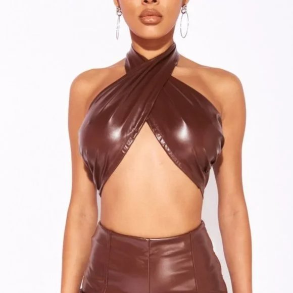Tops - Brown Faux Leather Vegan Leather Sleeveless Halter Neck Open Back Crop Top
